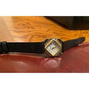 VTG Two Tone Sonia Watch, Crystal Accents, Black Leather Band